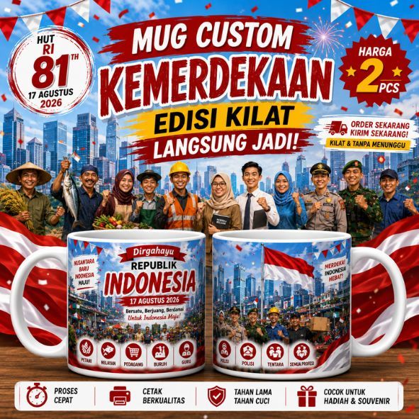 Mug Custom Kemerdekaan Merah Putih Edisi Kilat langsung kirim, Desain Bebas, Harga 2 Pcs, Souvenir