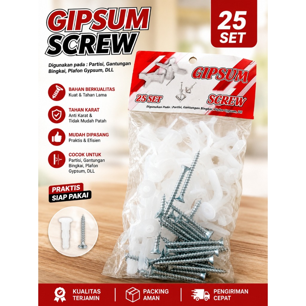Gipsum Screw + Fischer Nylon isi 25 Set ( Per Bks) | Sekrup Gypsum dan Wall Plug | Baut Fisher Dindi