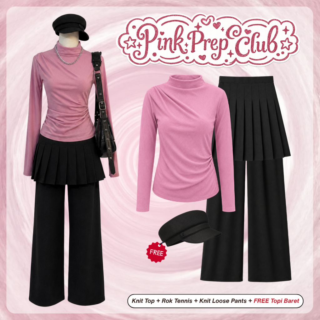 One Set 4in1 Preppy Knit Top + Rok Tennis + Knit Loose Pants + FREE Topi Baret | SSA74