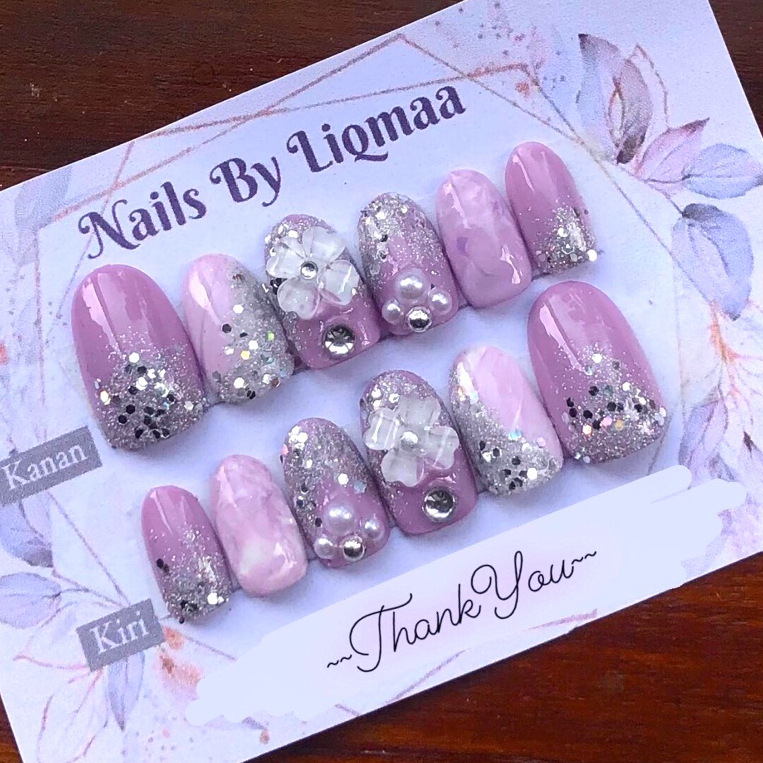 KUKU PALSU LILAC KOMBI BUNGA / KUKU PALSU WEDDING / NAIL ART