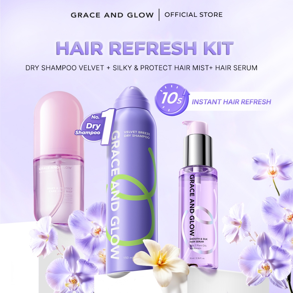 [NEW BUNDLE] Hair Refresh Kit Grace and Glow | Dry shampoo Velvet + Smooth & Silky Hair Serum + Silk