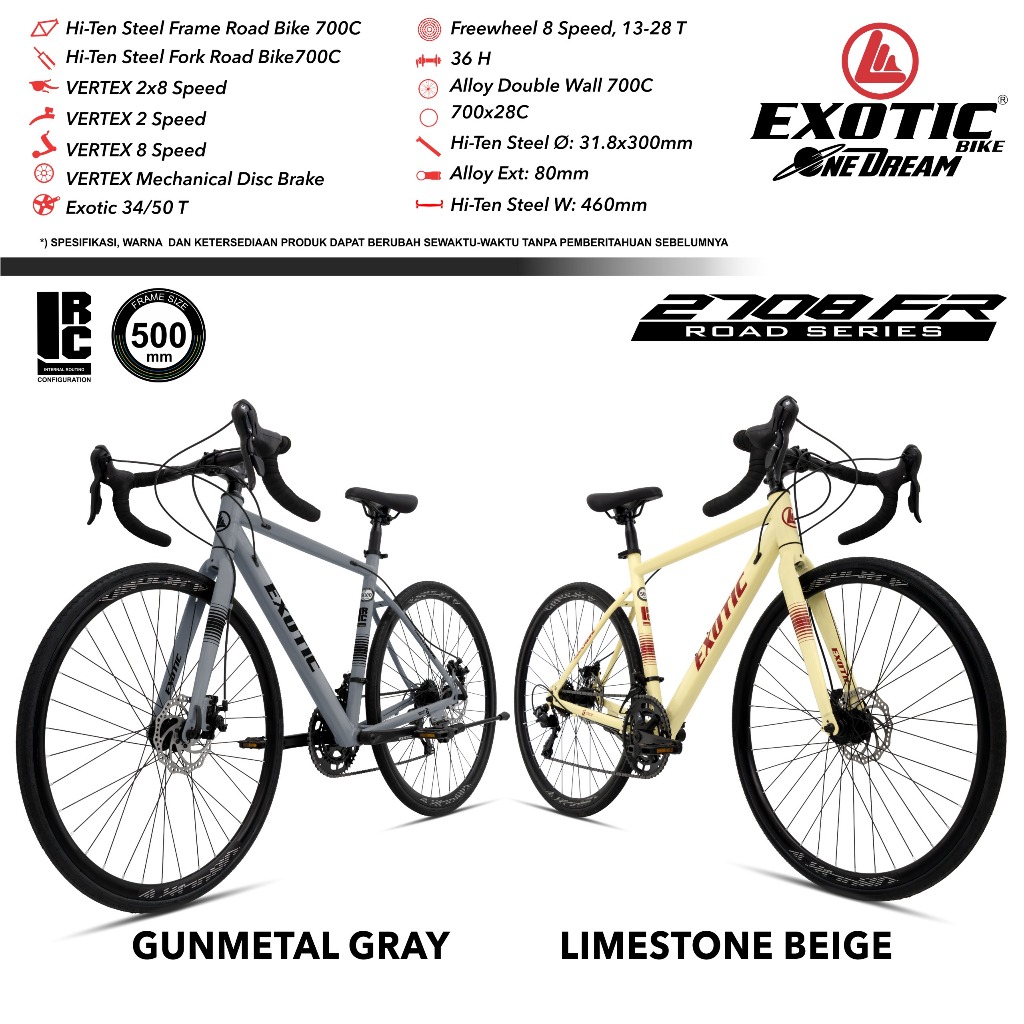 Sepeda Exotic 2708 FR Hi-Ten Steel Frame Road Bike 700x28C Shifter Vertex 2x8 Speed Mechanical Disc 