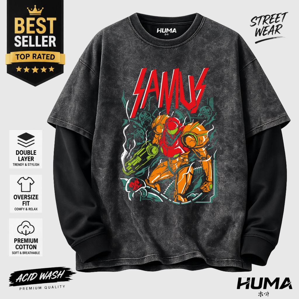 HUMA Apparel Kaos Samus Aran Double Layer Washed Oversize Slimfit Acidwash Cotton GAMEPS-4