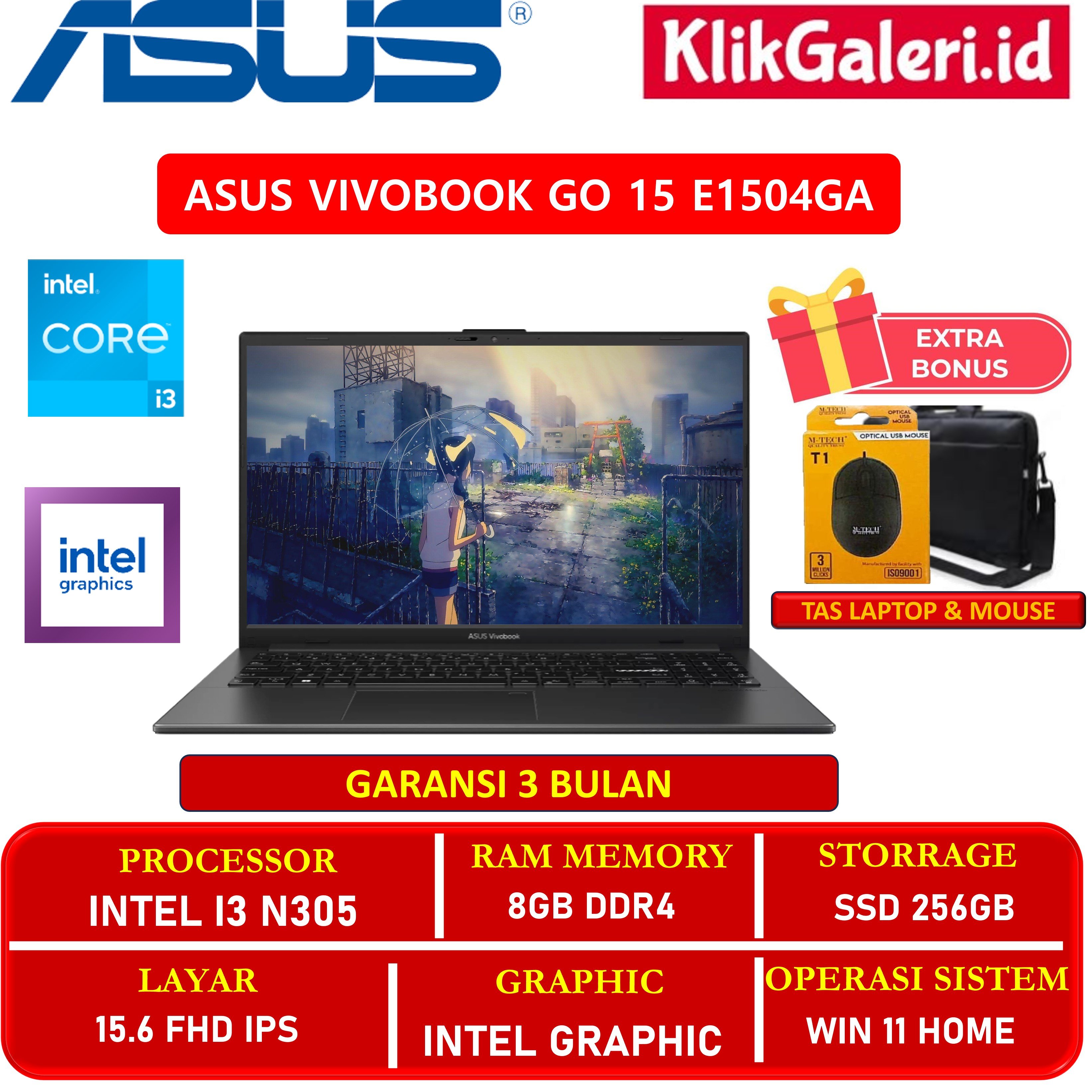 Laptop ASUS Vivobook Go 15 E1504GA i3-N305 8/256GB 15.6" FHD Win11 Ex Display