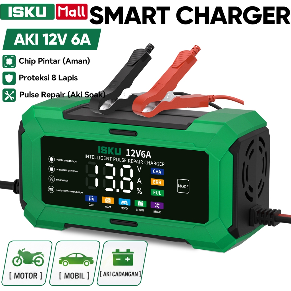 ISKU 12V 6A Charger Aki Mobil Motor Alat Cas Baterai Kering Basah AGM LiFePO4 Smart Casan Layar Digi