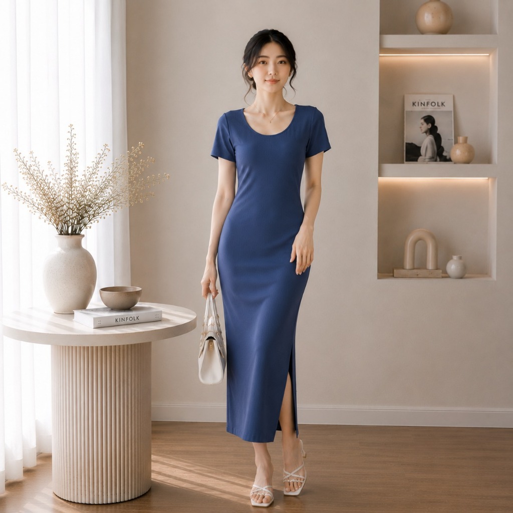 [DRESS.UP] DR009 Maxi Dress Wanita Rayon Spandex Lengan Pendek Body Fit Casual Elegant Korean Style