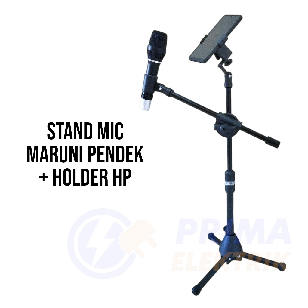 Stand Mic Pendek Maruni + Holder HP Maksimal Tinggi 80 cm Penyangga Mikrofon Portable