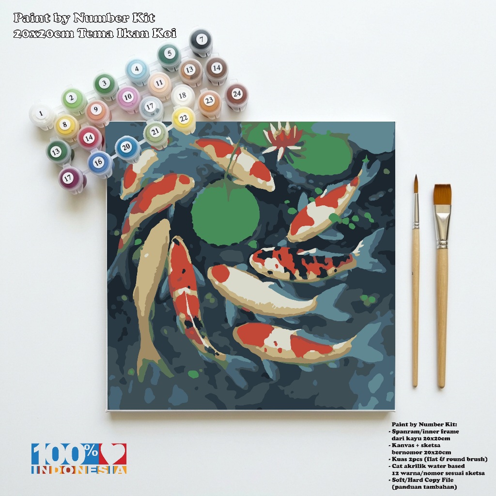 Paint by Number Kit 20x20cm Tema Ikan Koi, Kanvas, Kuas, Cat Akrilik, Bingkai Kayu