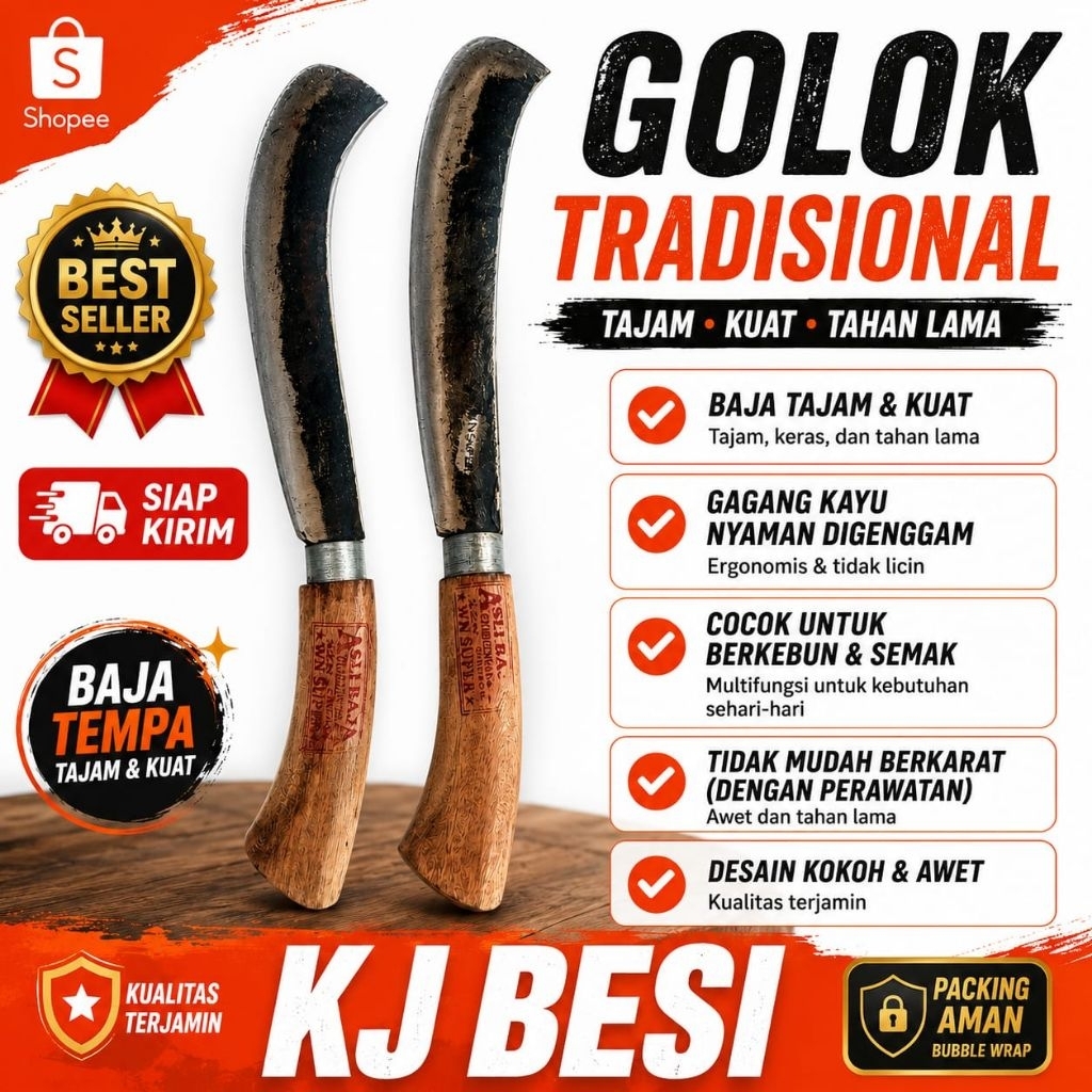 Golok Tradisional Baja Tempa Asli Tajam Kuat Gagang Kayu Premium Cocok Tebas Rumput, Semak & Berkebu