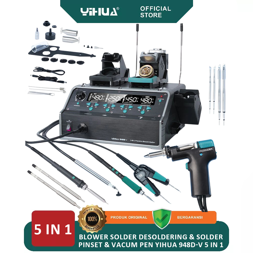 Blower Solder Desoldering & Solder Pinset & Vacuum Pen YIHUA 948D-V 5 IN 1 Machine untuk Servis HP, 