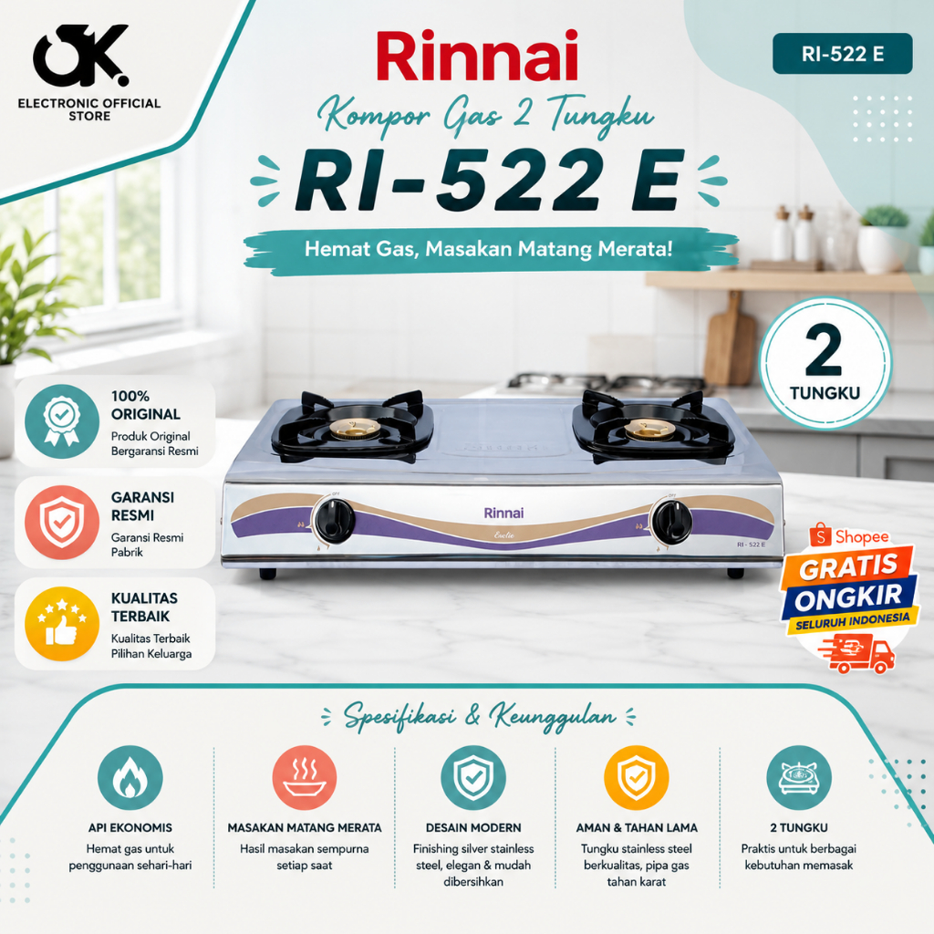 RINNAI KOMPOR GAS 2 TUNGKU RI 522 E/RI-522E/RI-522 E/RI522E/RI 522E/RI522 E/ORIGINAL RINNAI/GARANSI