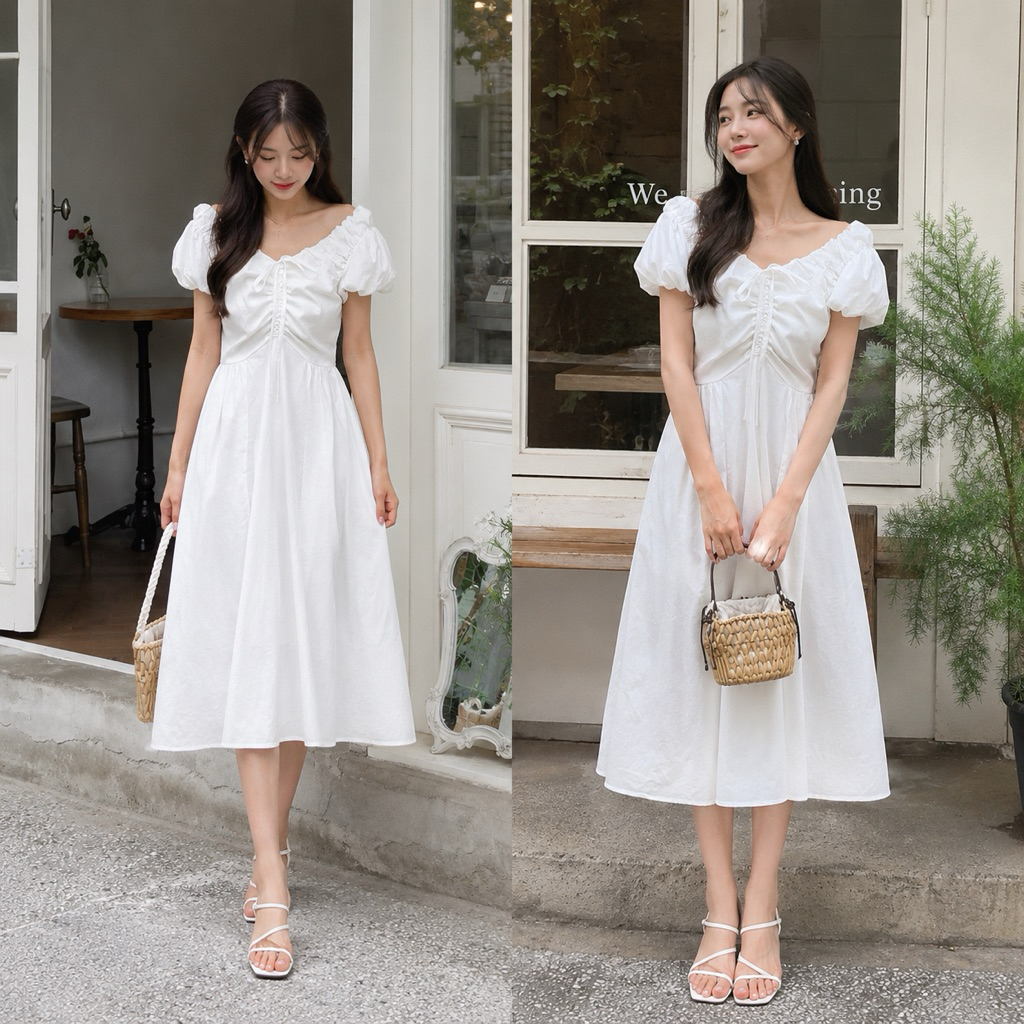 DRESS OL PANTAI LONG PUTIH BALON KATUN POPLIN SLEVELEESS KOREANSTYLE VINTAGE BKK PUTIH KERUT
