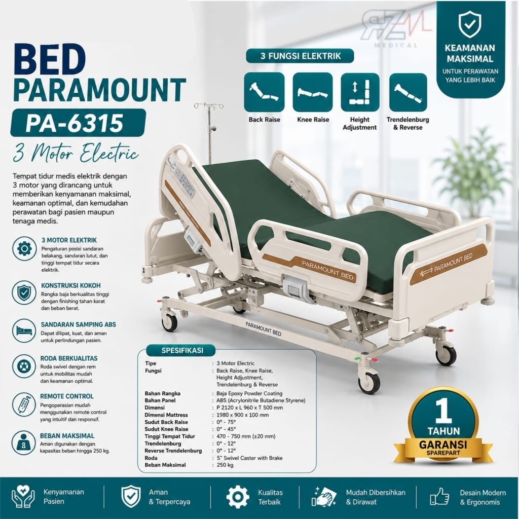 Bed Paramount PA-6315 (3 Motor Electric) ​Bed Tempat Tidur Pasien Elektrik 3 Motor 3