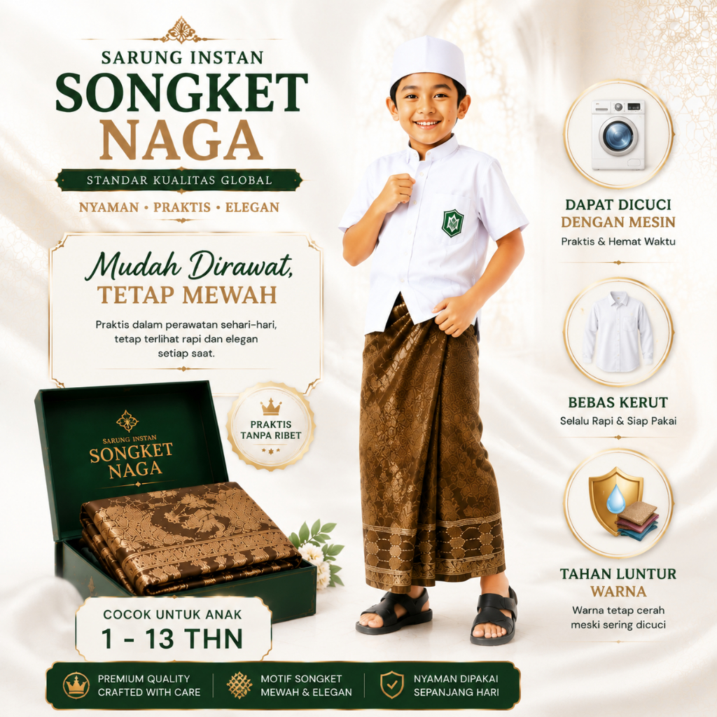 Sarung Instan Songket Naga Anak 1-13 Tahun Coklat Emas Motif Elegan, Praktis, Tahan Luntur