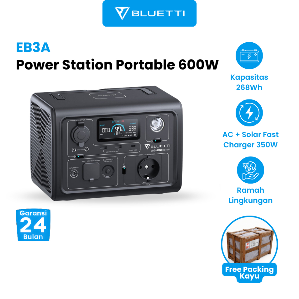 Power Station Portable BLUETTI EB3A 600W Genset Portable 268Wh Garansi