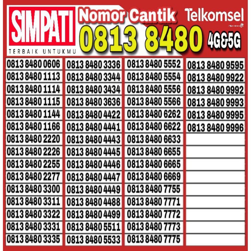 Nomor Cantik Telkomsel Simpati 4G LTE O812 8480 0606 1166 2277
