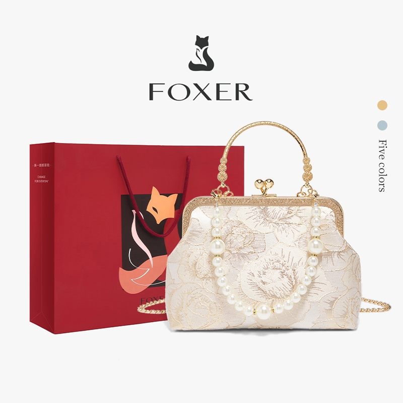 FOXER Tas Tangan Wanita Yang Elegan dan Mewah Tas Selempang Bersulam Indah Tas Kondangan Manik-manik