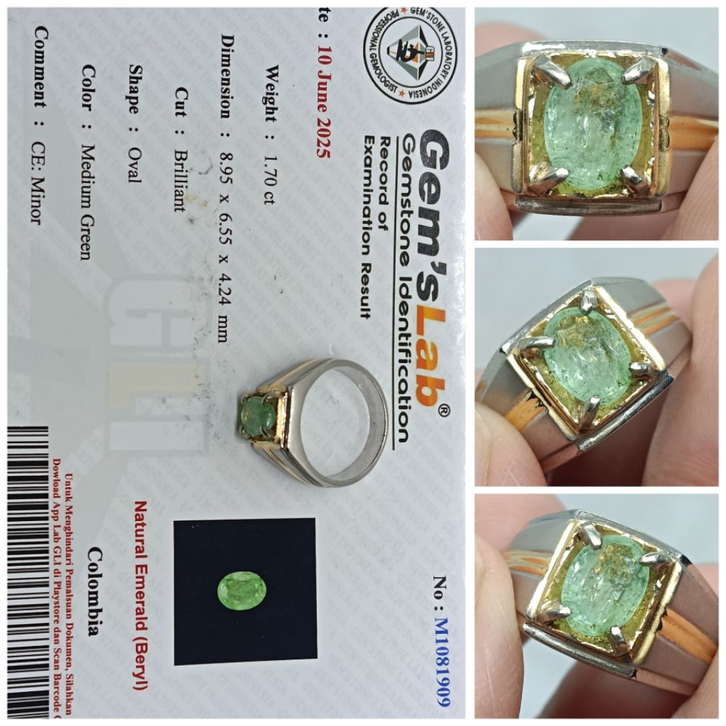 Natural Emerald beryl Columbia kristal 1,7ct memo GLI zamrud Colombia Ring Perak