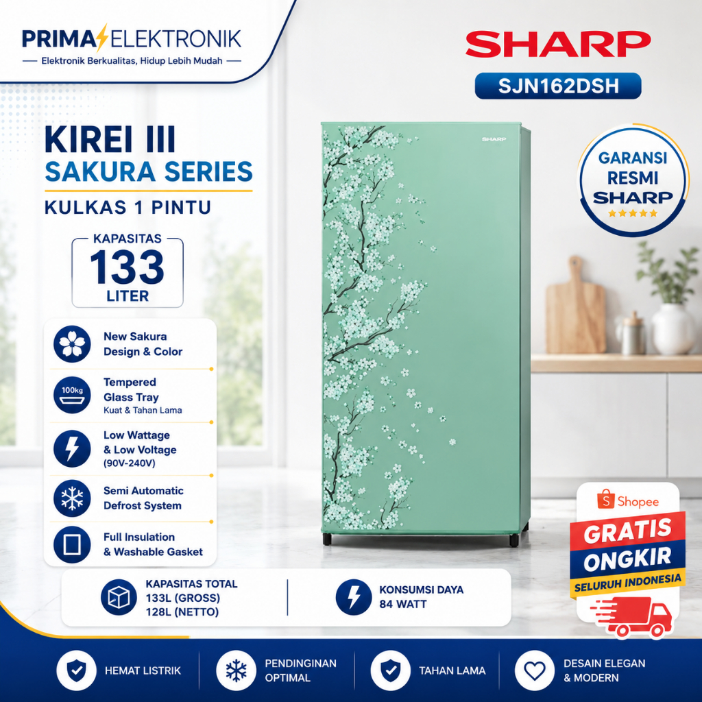 SHARP KULKAS 1 PINTU SJN162DSH 128L/SJN-162DSH/SJN 162DSH/SJN163 SHARP KULKAS LOW WATT ORIGINAL BERG