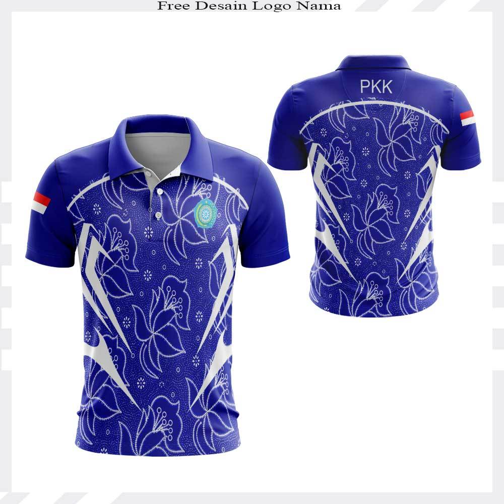 Kaos Polo PKK Lengan Pendek Biru Batik Full Printing - Baju Seragam PKK Kerah Custom Nama Logo Free 