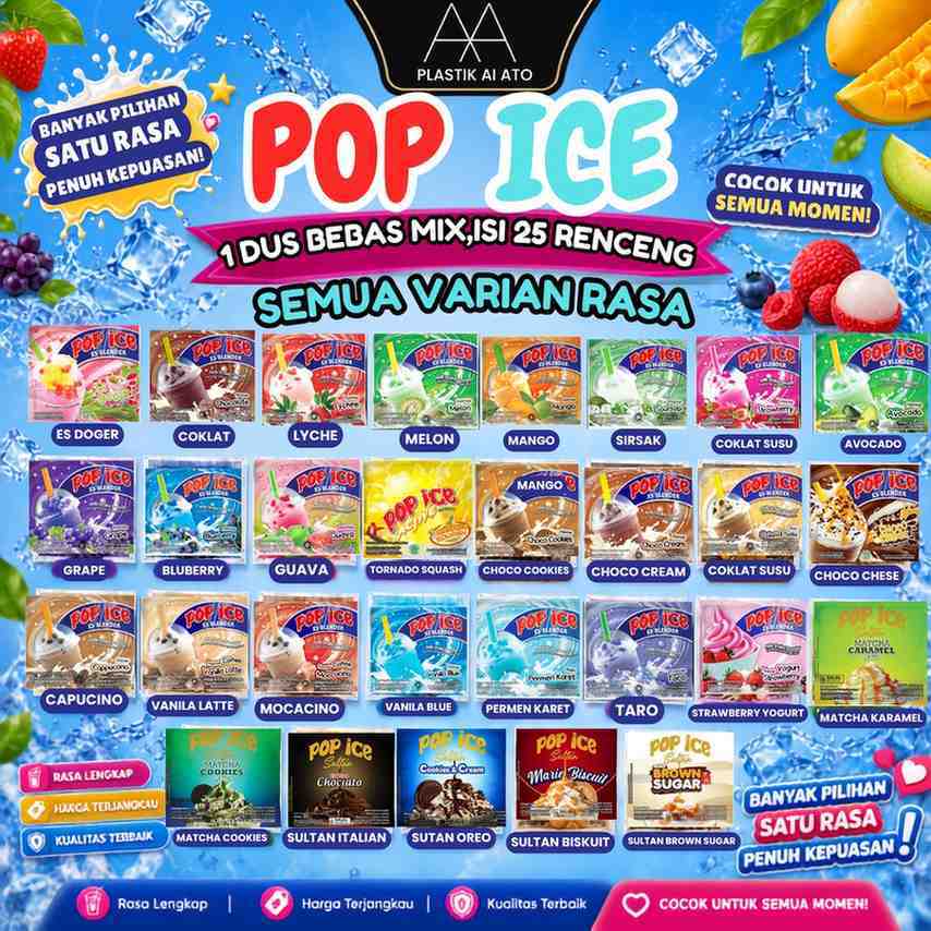 POP ICE 1 DUS/KARTON ISI 25 RENCENG BEBAS SEMUA VARIAN MIX HARGA LEBIH MURAH  - 10 x 25g