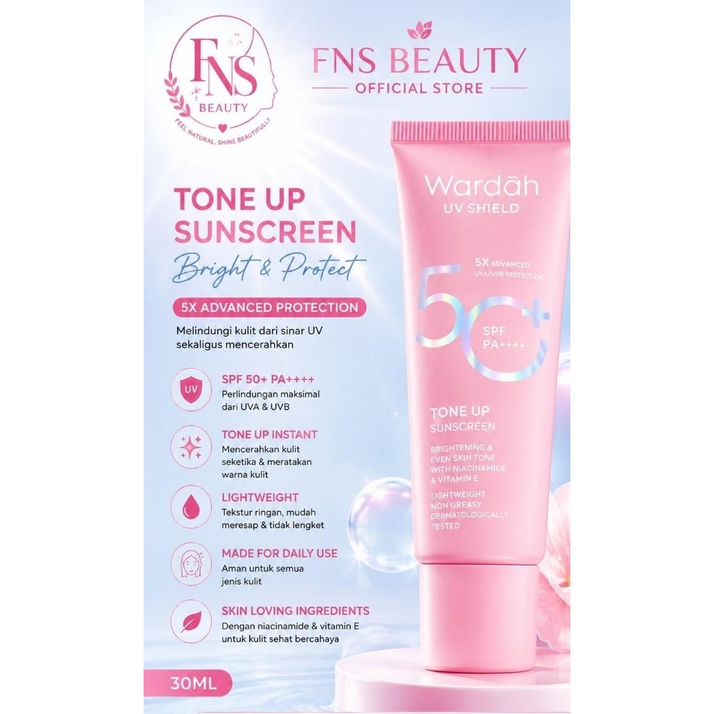 Wardah UV Shield Hybrid Sunscreen 50+ SPF +++ Tone Up sunscreen 30ml - Mencerahkan, Meratakan Warna,