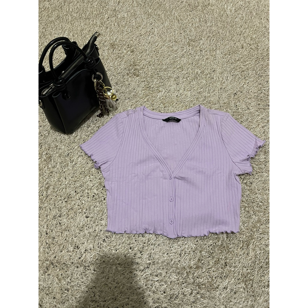 Kaos Cardigan Lengan Pendek Ungu Muda Garis Vertikal Resleting Depan SHEIN