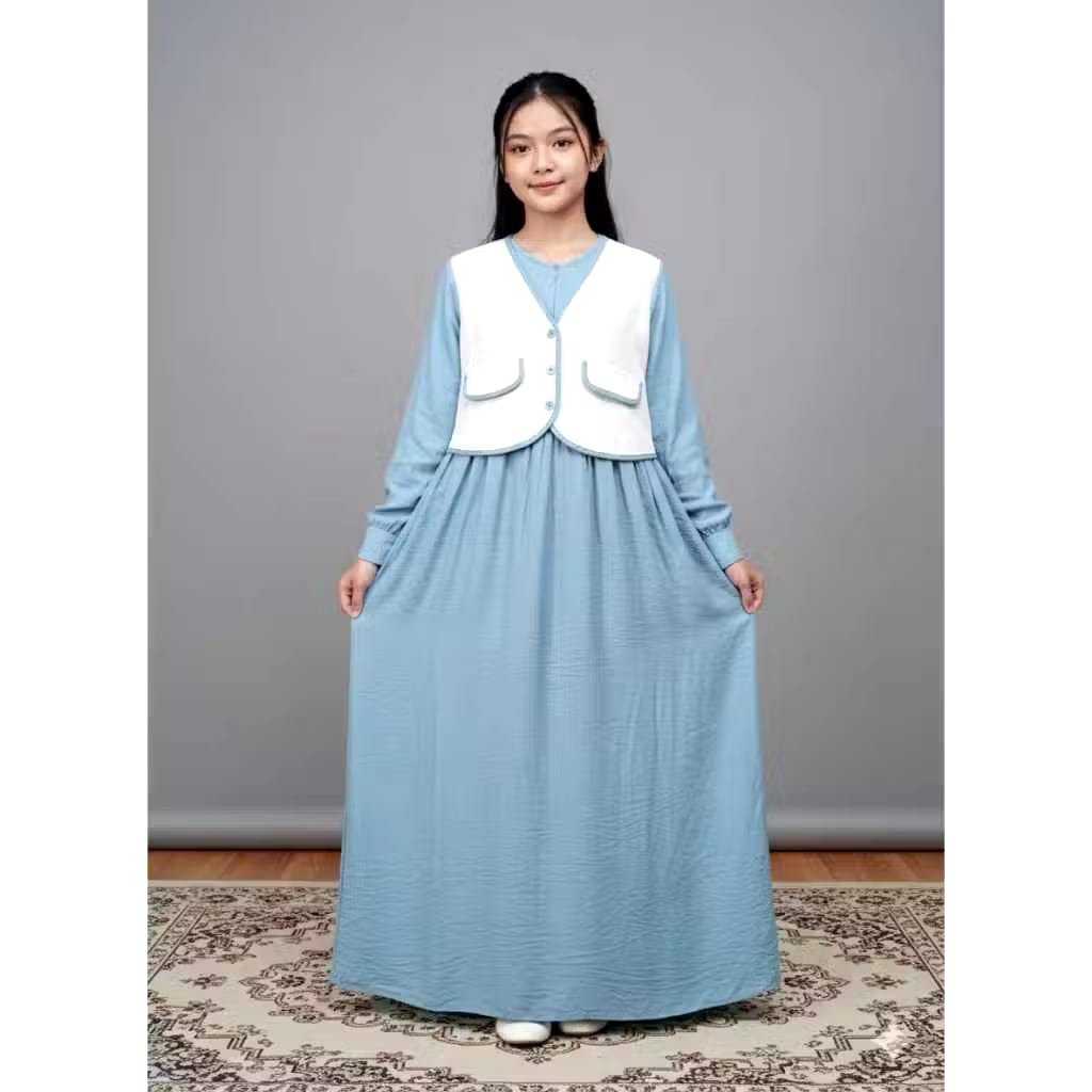 renata/gamis anak perempuan/gamis anak tanggung/gamis plus rompi/linen mix knite