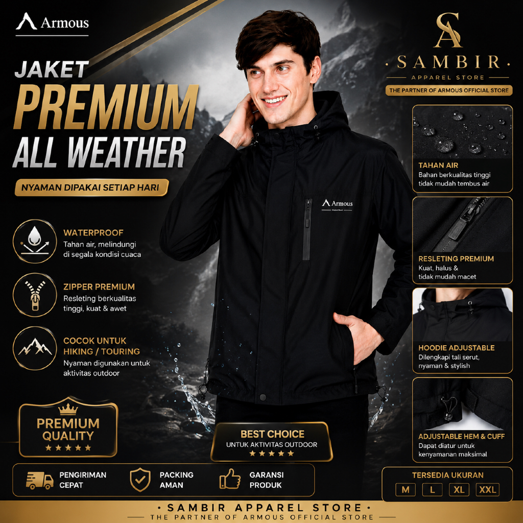 Armous Jaket Parasut Pria Windbreaker Waterproof Outdoor Jaket Bahan Taslan Premium Tahan Air
