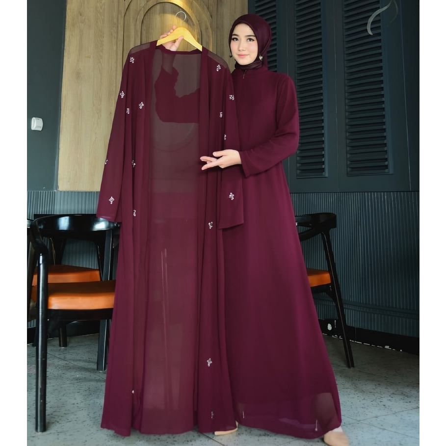 alzhea gamis syar'i premium burgundy Payet swaroski elegan abaya muslimah dress pesta modern mewah