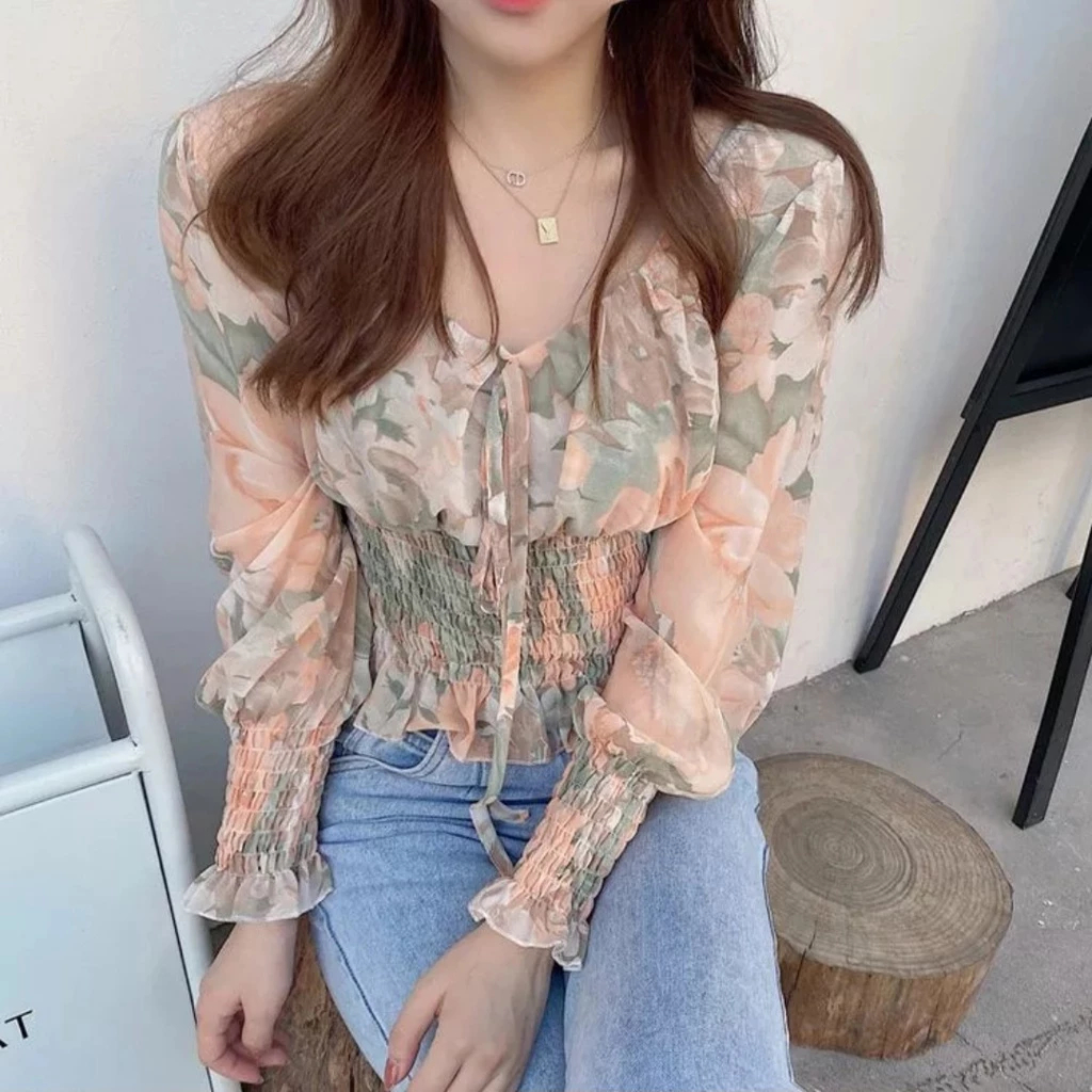 Crop Top Blouse Floral Import Atasan Bunga Chiffon Kerut Pinggang Lengan Panjang Korean Style | Atas