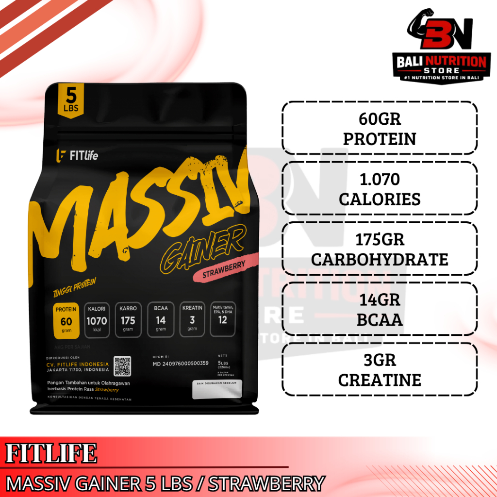 Fitlife MASSIV GAINER 5lb 5 Lbs 2.2kg Whey Protein Gainer Susu Tinggi Protein Karbo Penambah Berat
