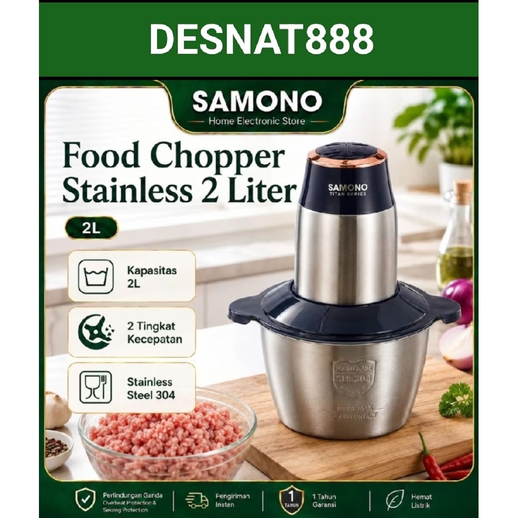 SAMONO FOOD CHOPPER 2 LITER STAINLESS STEEL 400 WATT SW-TC400W / SWTC400W PENGGILING DAGING (PALEMBA