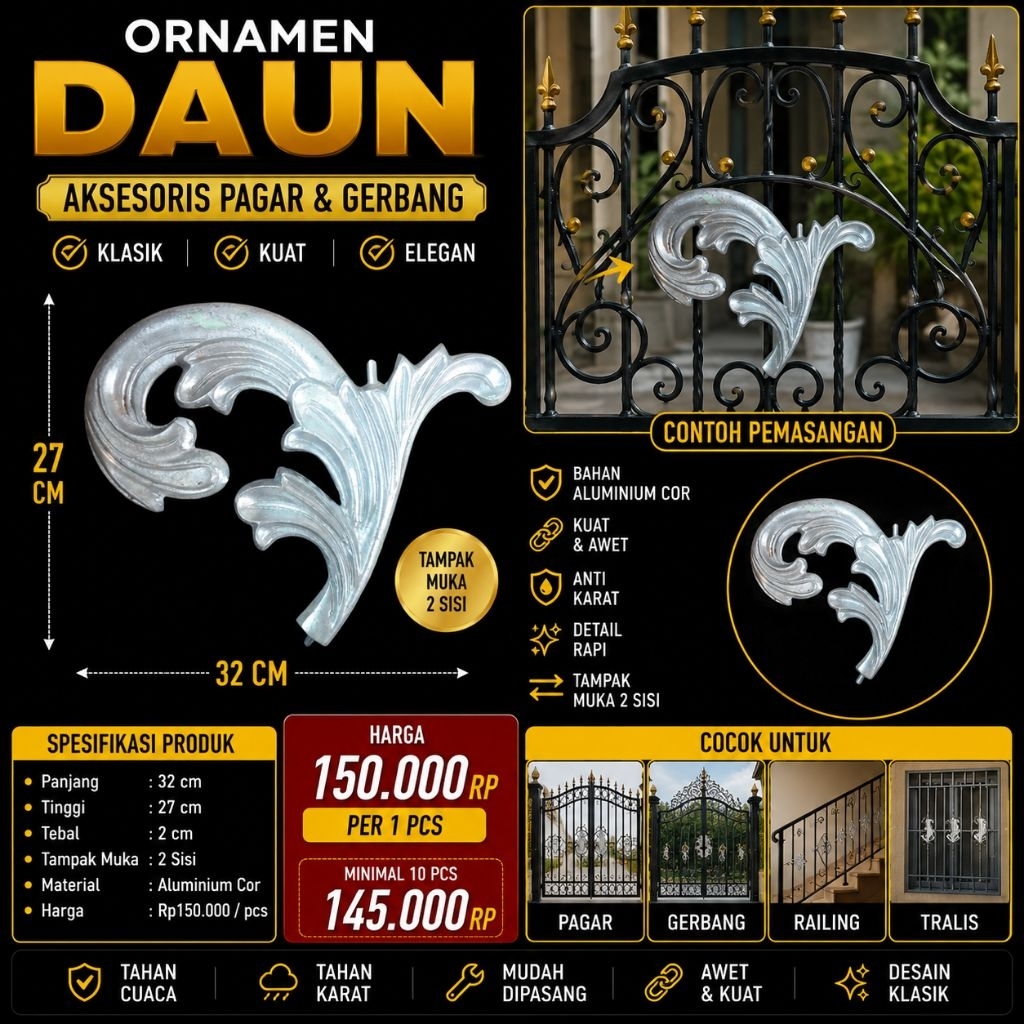 Ornamen pagar besi Daun aluminium Cor Tempel Pagar Tempa 32 x 27 cm 2 Sisi | Hiasan Pagar Besi, Gerb