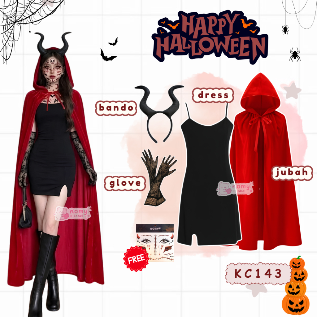 Nomy Label - Oneset Outfit Halloween (Dress + Jubah Vampire + Bando + Sarung Tangan) Costum Cosplay 