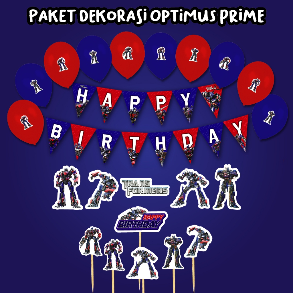 PAKET DEKORASI TRANSFORMER OPTIMUS PRIME BANNER BALON TOPPER CAKE DEKORASI BUMBBLE BEE HIASAN ULTAH 
