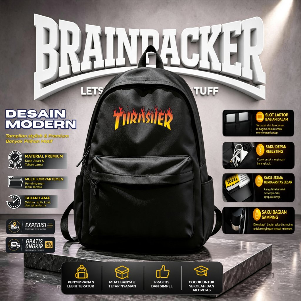 Tas Ransel Distro Original / Tas Backpack Unisex Keren Style 2023 / Tas Motif Thrasher Kekinian