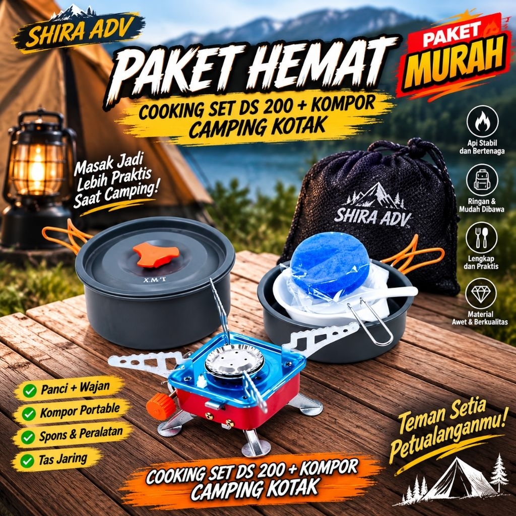 Hemat Alat Masak Gunung Camping Nesting Ds 200 + Kompor Kotak