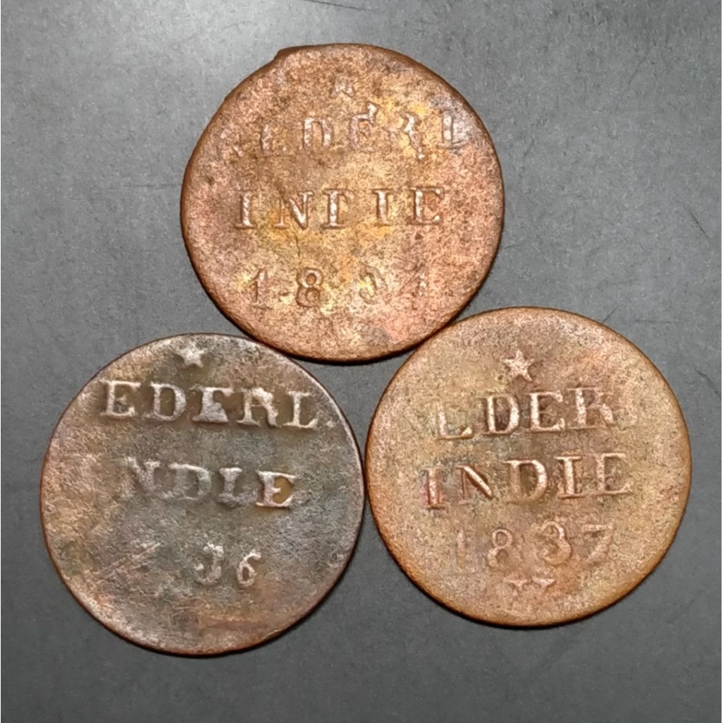 Paket 3 Keping Koin Kuno Nederl Indie 1 Cent 1834 V, 1836, 1837 V koleksi Numismatik zaman Belanda