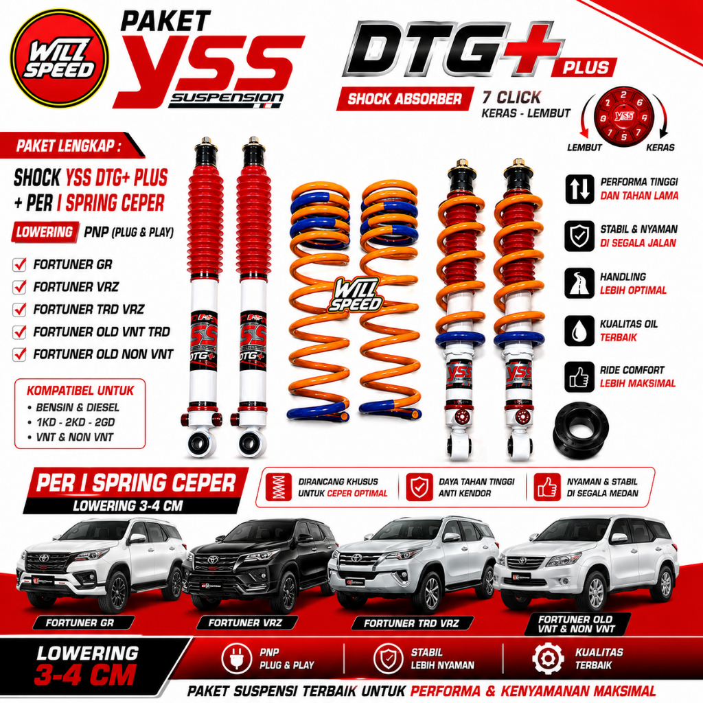 PAKET SHOCK YSS DTG PLUS + PER I SPRING CEPER LOWERING FORTUNER GR VRZ TRD VRZ FORTUNER OLD VNT TRD 