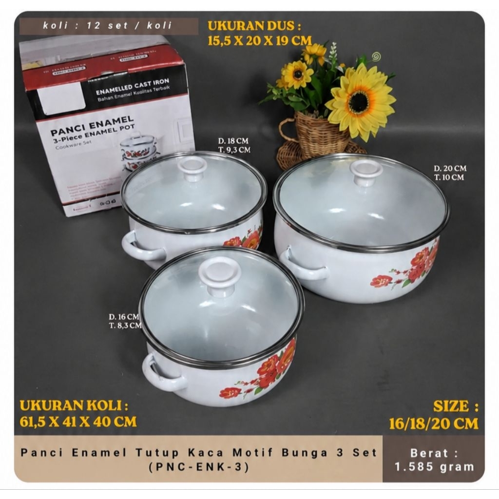 Panci Set Enamel 3 Susun Motif Bunga M-244 / panci set enamel murah