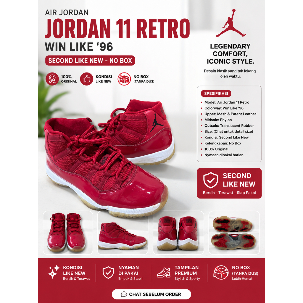 Sepatu Air Jordan 11 Retro Win Like '96 size 8 Original Second Like New No Box nego