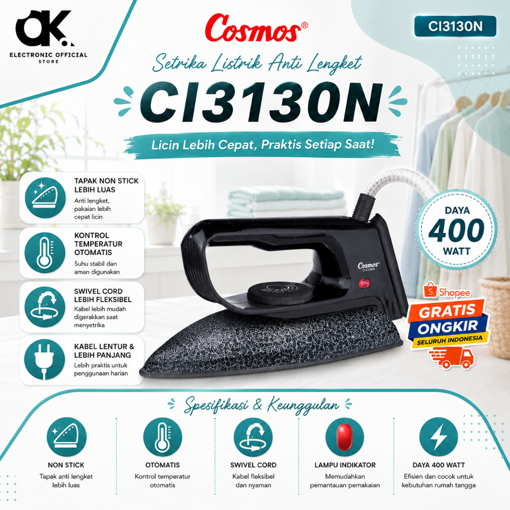 COSMOS SETRIKA LISTRIK ANTI LENGKET CI3130N/CI-3130N/CI-3130-N/CI 3130N/CI 3130 N/ORIGINAL GARANSI