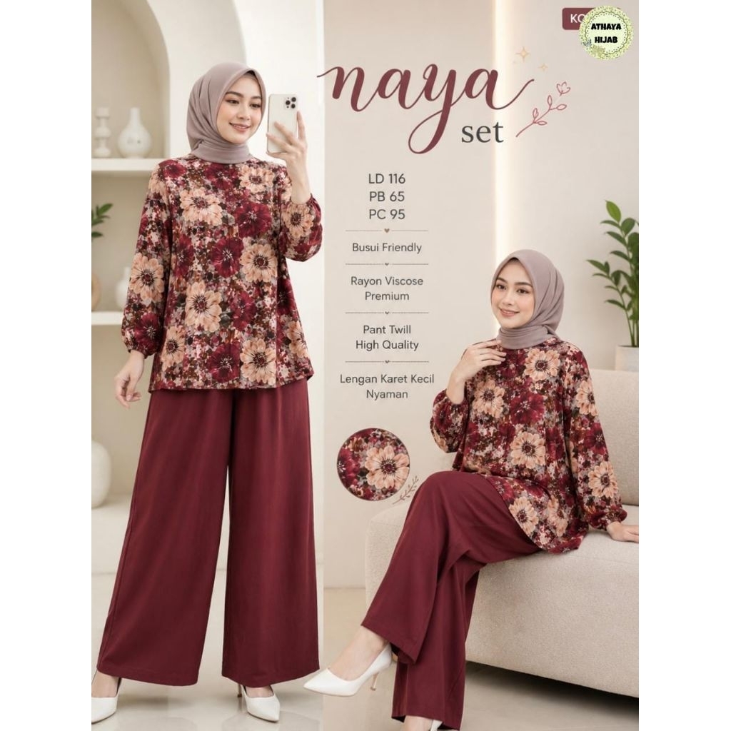 Naya Set Kulot Rayon Polos Mix Blouse Bunga (Athaya)