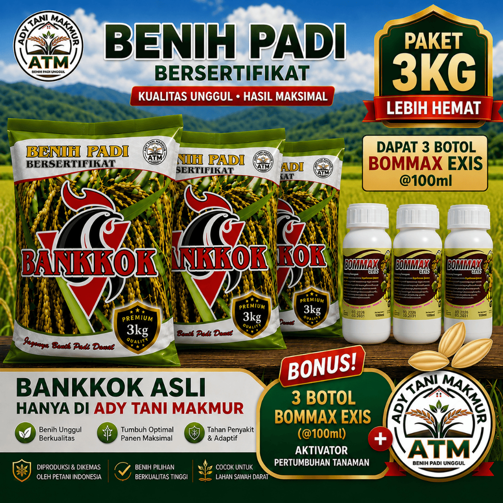 ( 3kg ) Bankkok 3KG Paket Hemat Benih Padi Bersertifikat dengan 3 Botol Bommax Exis Bonus Aktivator 