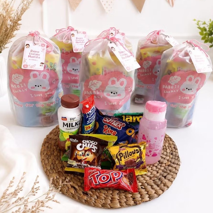 Paket Souvenir Ulang Tahun Anak Isi Snack + Botol Minum | Tas Serut Pouch Custom Nama