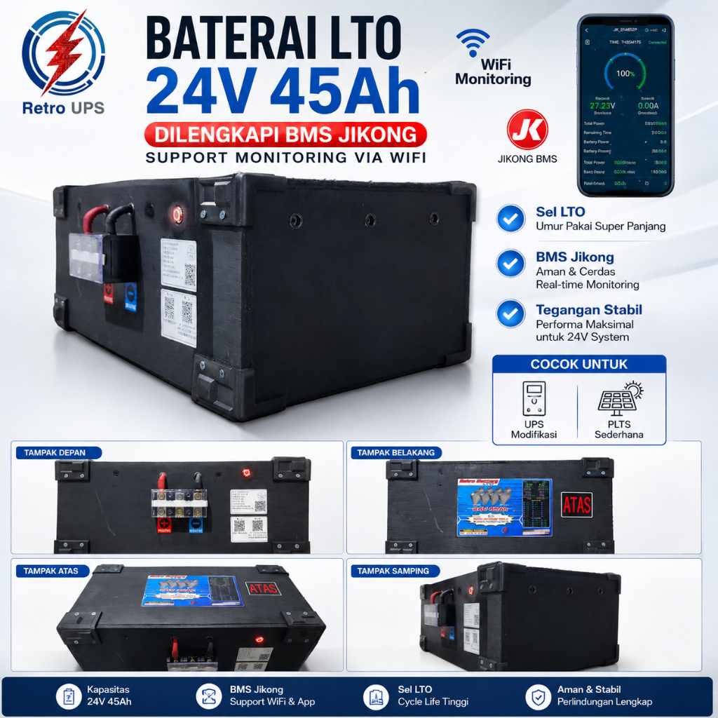 Battery LTO 24V 45Ah 1080Wh Smart BMS Bluetooth | UPS Modifikasi | RT RW Net | Server | Mikrotik | O