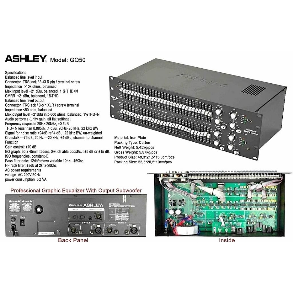 Ashley Model GQ50 Equalizer Profesional Hitam, Grafik 30 Band, Output Subwoofer, Rack