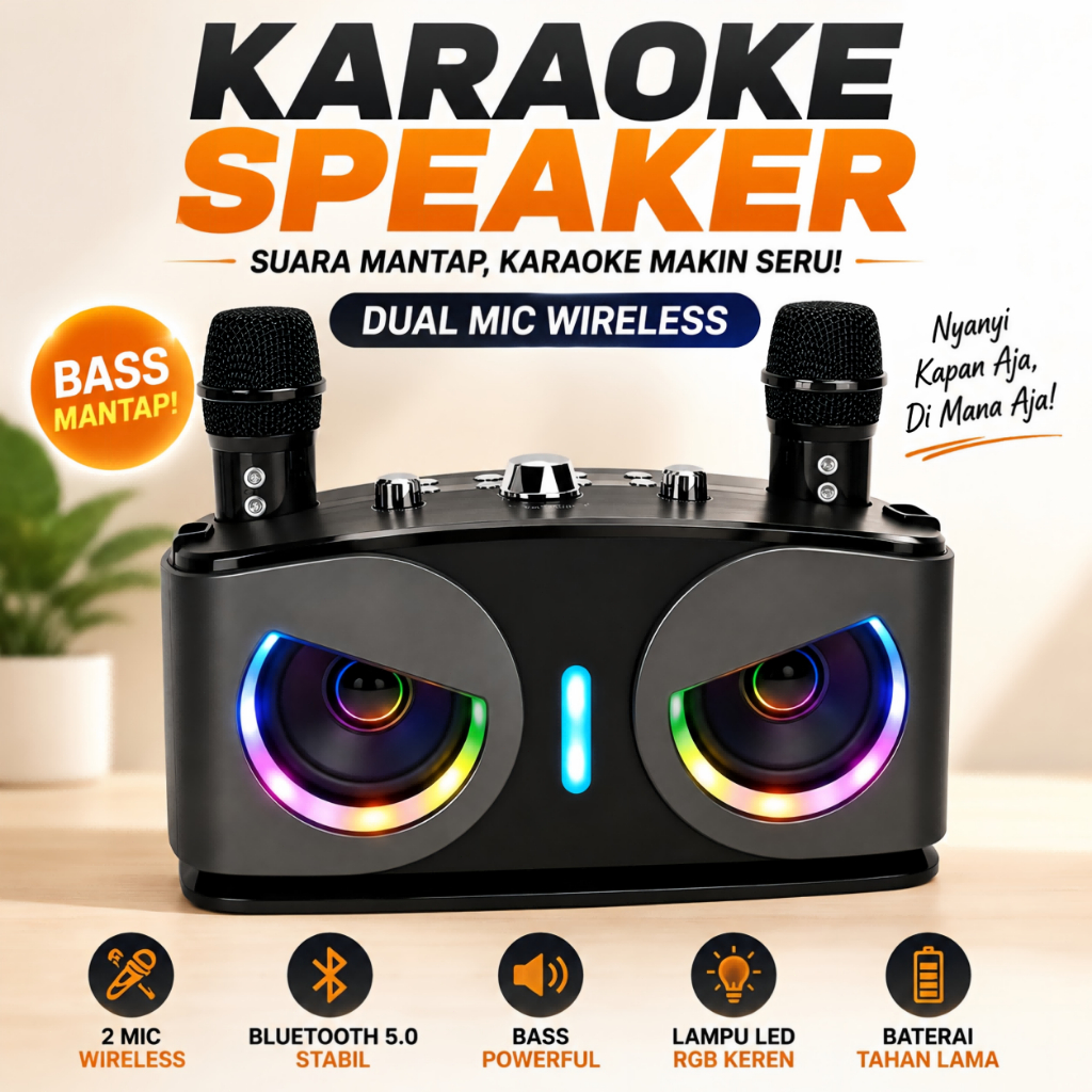 Speaker Karaoke Bluetooth Portable Sound System Amplifier 9D Stereo Mega Bass Gratis 2 Microphone Wi