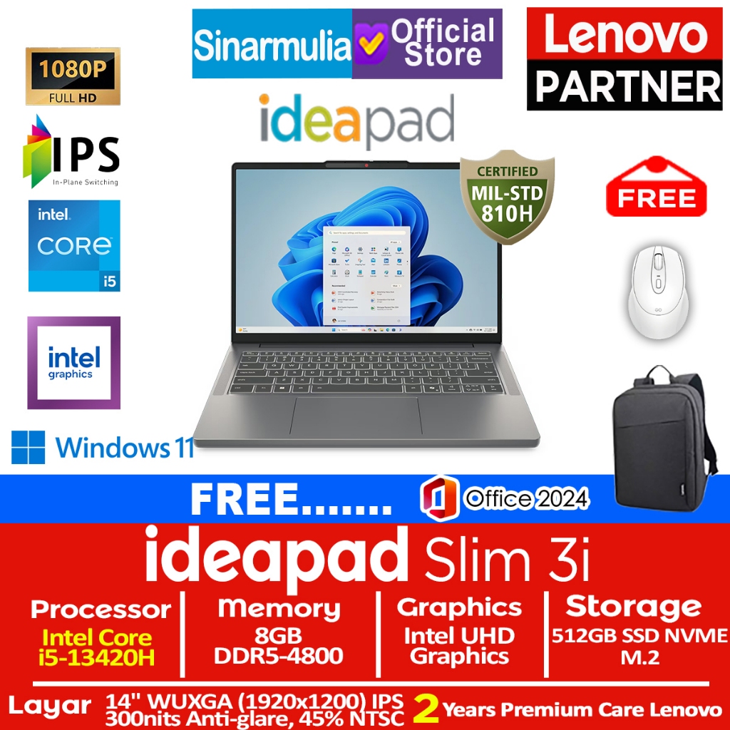 Lenovo Ideapad Slim 3i i5-13420H 512GB SSD 8GB WUXGA IPS Win11+OHS